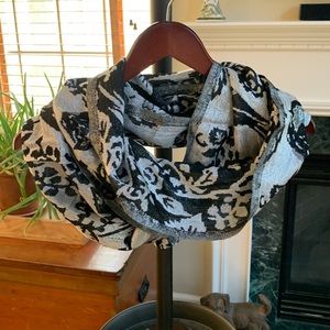 Elegant Black and Silver Metallic Infinity Scarf w/ Bird Pattern